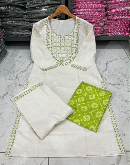 Cotton Flex Embroidered Kurta Pant Set with Silk Dupatta