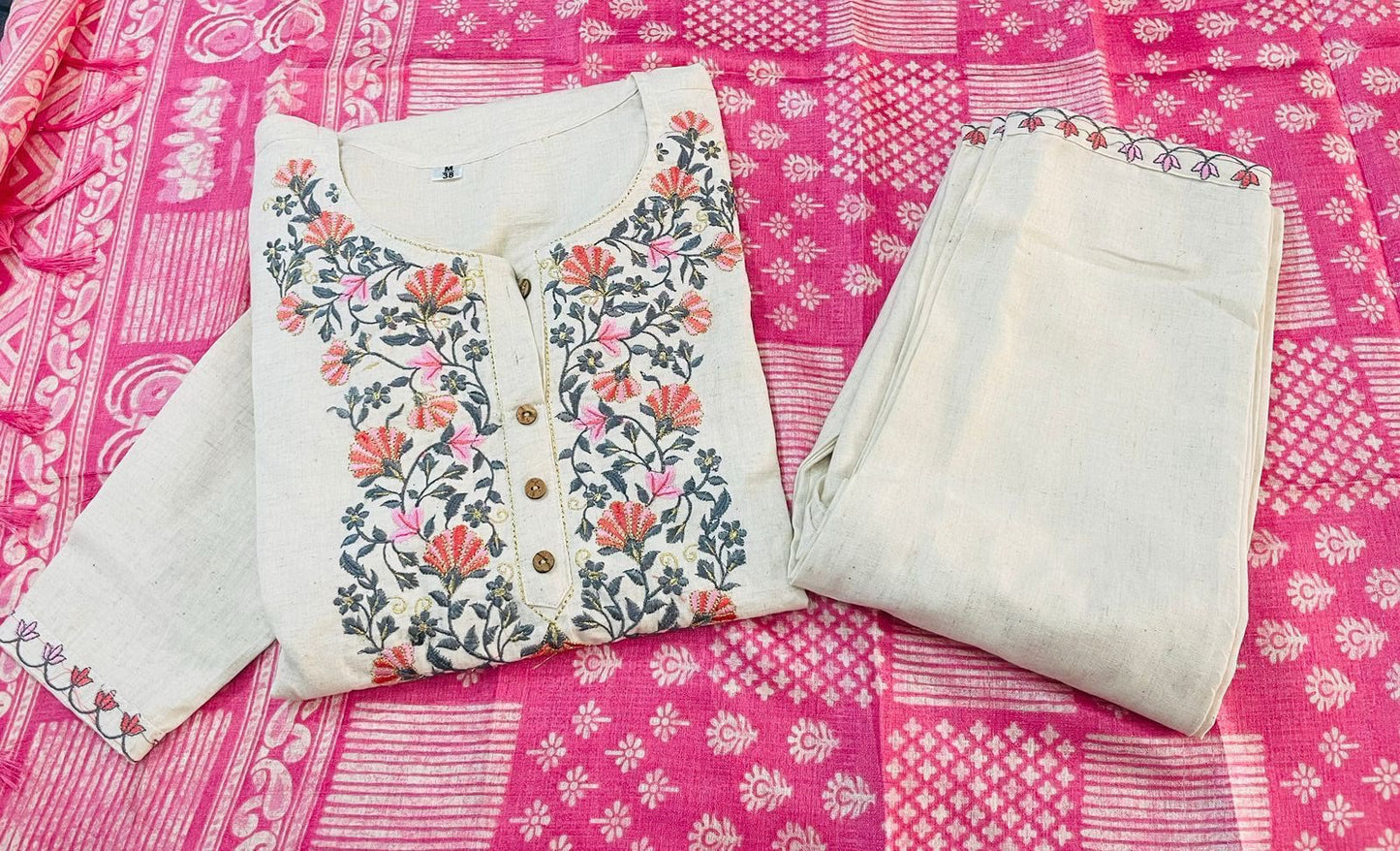 Cotton Flex Embroidered Kurta Pant Set with Silk Dupatta