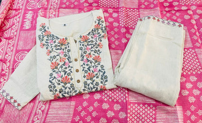 Cotton Flex Embroidered Kurta Pant Set with Silk Dupatta