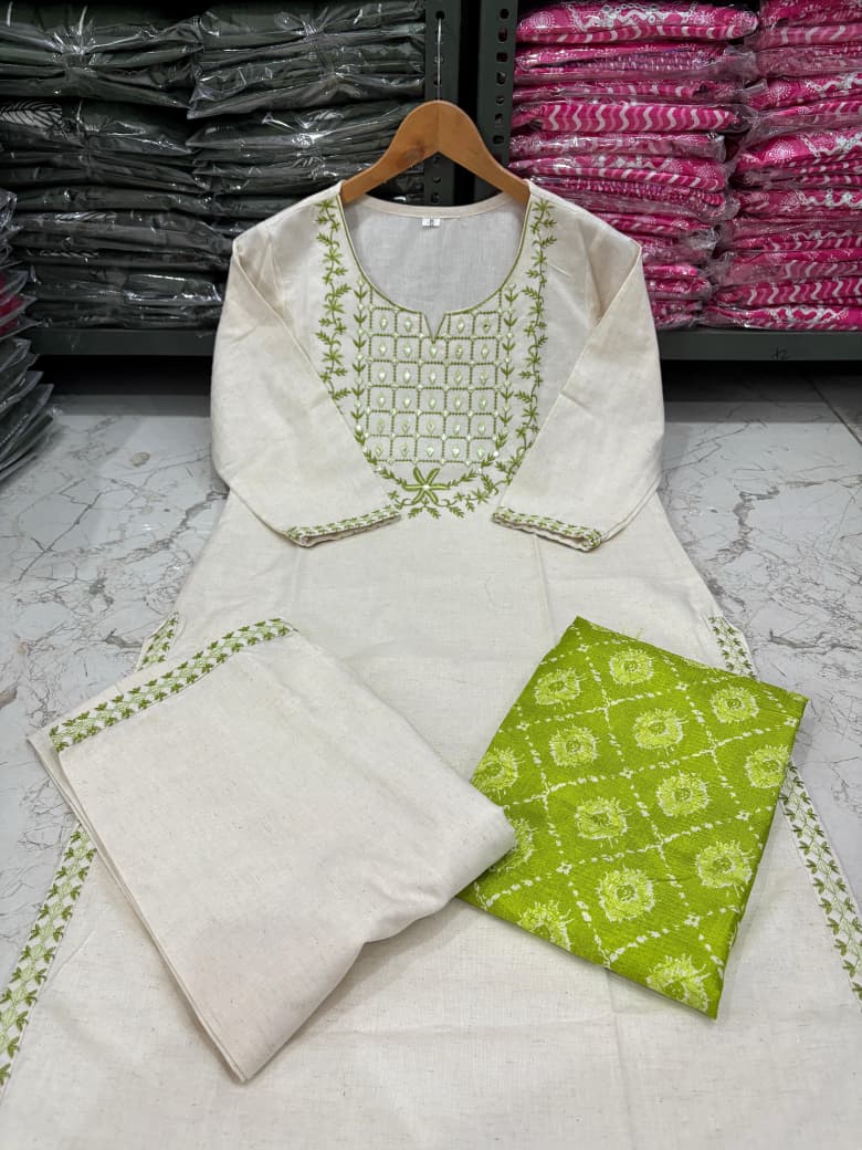 Cotton Flex Embroidered Kurta Pant Set with Silk Dupatta