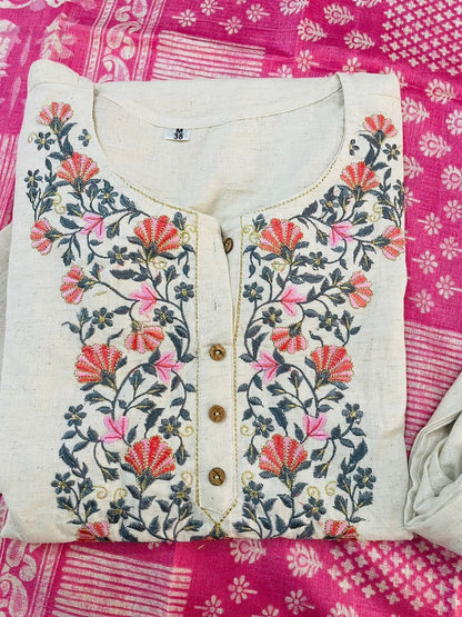 Cotton Flex Embroidered Kurta Pant Set with Silk Dupatta