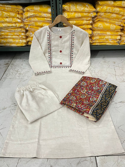 Cotton Flex Embroidered Kurti Set with Silk Chanderi Digital Dupatta