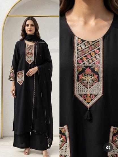 Cotton Flex Embroidered Straight Kurta Palazzo Set with Malmal Dupatta