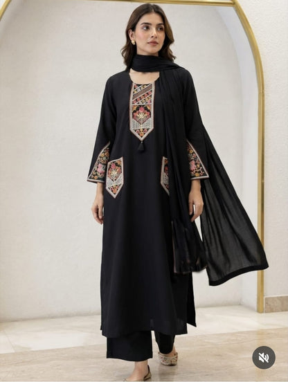 Cotton Flex Embroidered Straight Kurta Palazzo Set with Malmal Dupatta