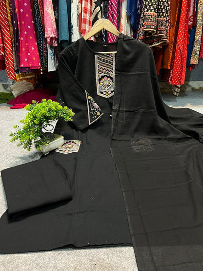 Cotton Flex Embroidered Straight Kurta Palazzo Set with Malmal Dupatta