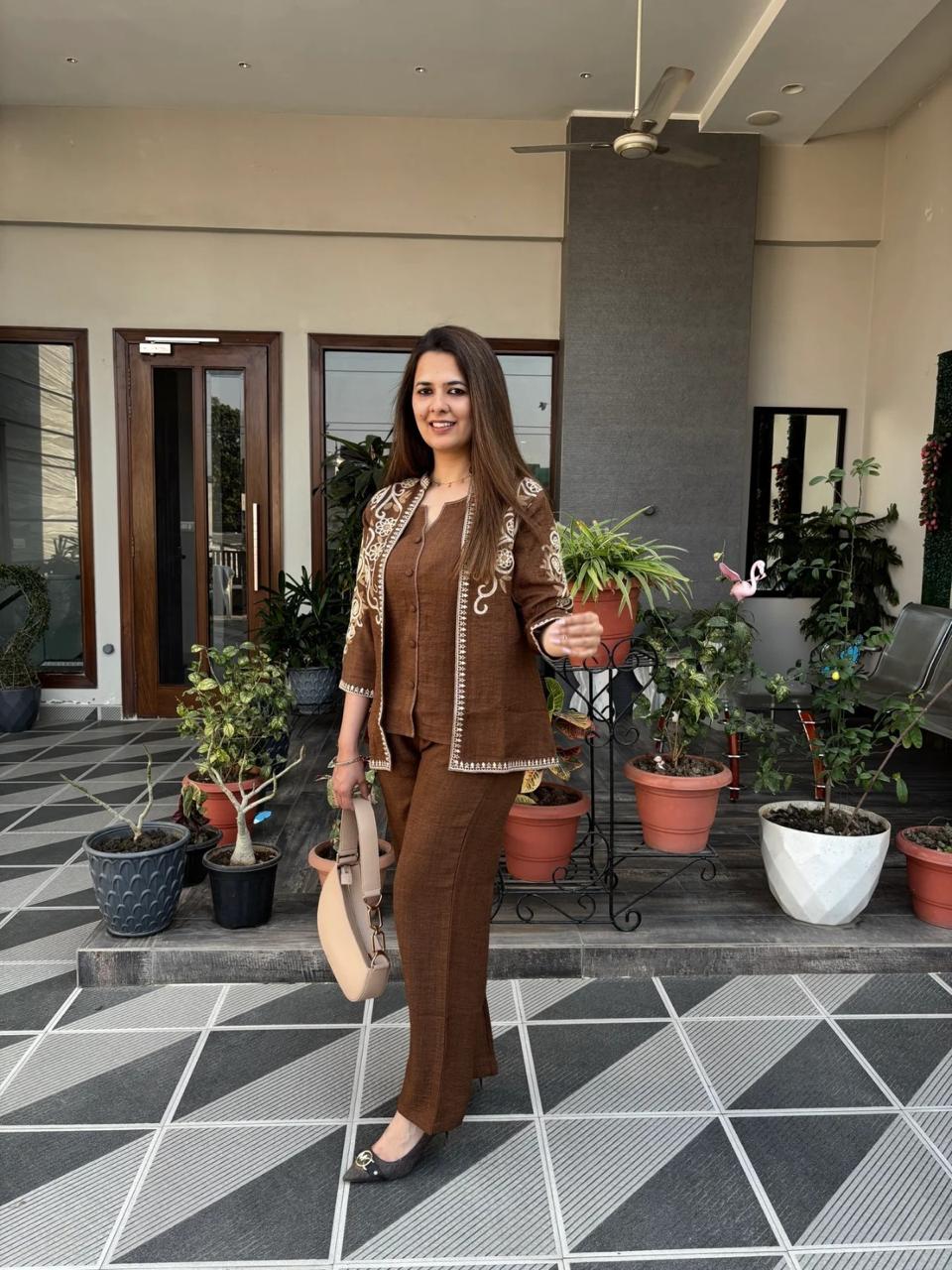 Cotton Flex Floral Embroidered Jacket Top, Inner & Straight Trouser Set