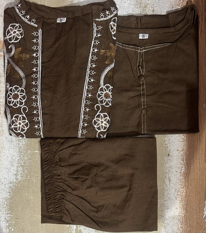 Cotton Flex Floral Embroidered Jacket Top, Inner & Straight Trouser Set