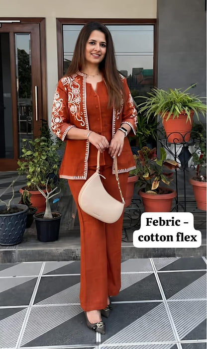 Cotton Flex Floral Embroidered Jacket Top with Inner & Trousers | 3-Piece Set