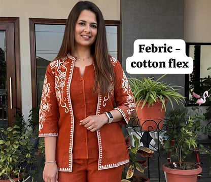 Cotton Flex Floral Embroidered Jacket Top with Inner & Trousers | 3-Piece Set