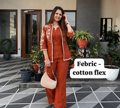 Cotton Flex Floral Embroidered Jacket Top with Inner & Trousers | 3-Piece Set