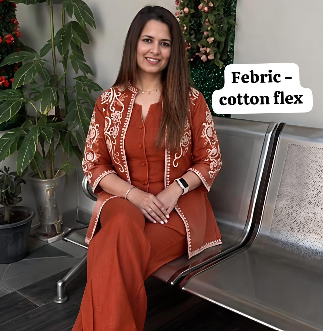 Cotton Flex Floral Embroidered Jacket Top with Inner & Trousers | 3-Piece Set