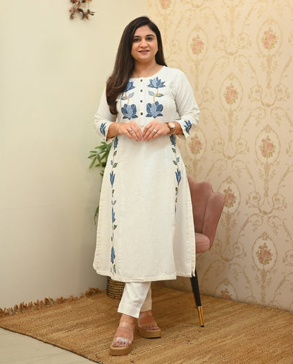 Cotton Flex Kurti Pant Set with Embroidery Work