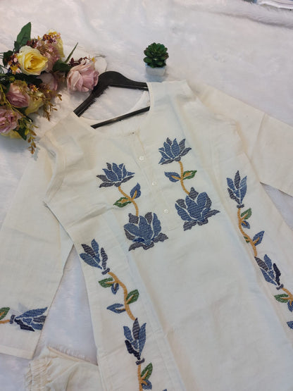 Cotton Flex Kurti Pant Set with Embroidery Work