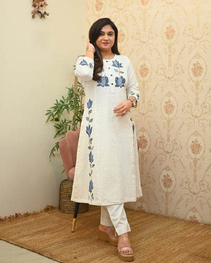 Cotton Flex Kurti Pant Set with Embroidery Work