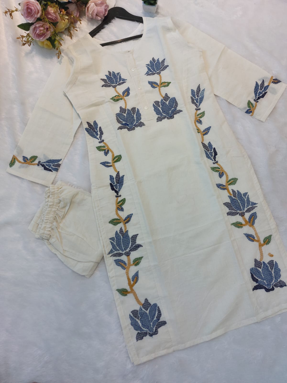 Cotton Flex Kurti Pant Set with Embroidery Work