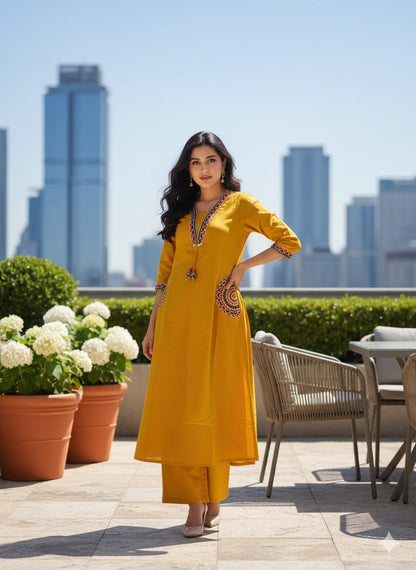 Woman in a yellow dress standing on a rooftop with city skyline in the background