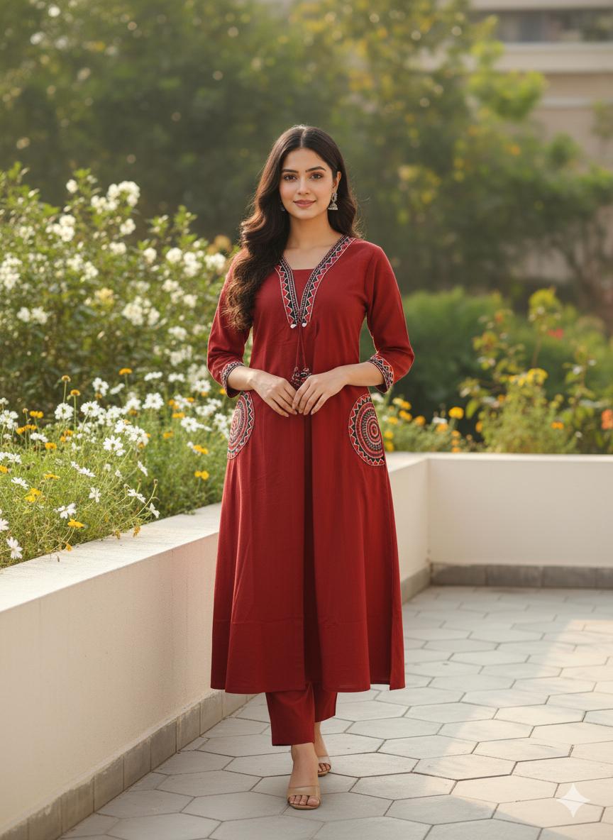 Cotton Flex Kurti with Plazo Set with Embroidery Work