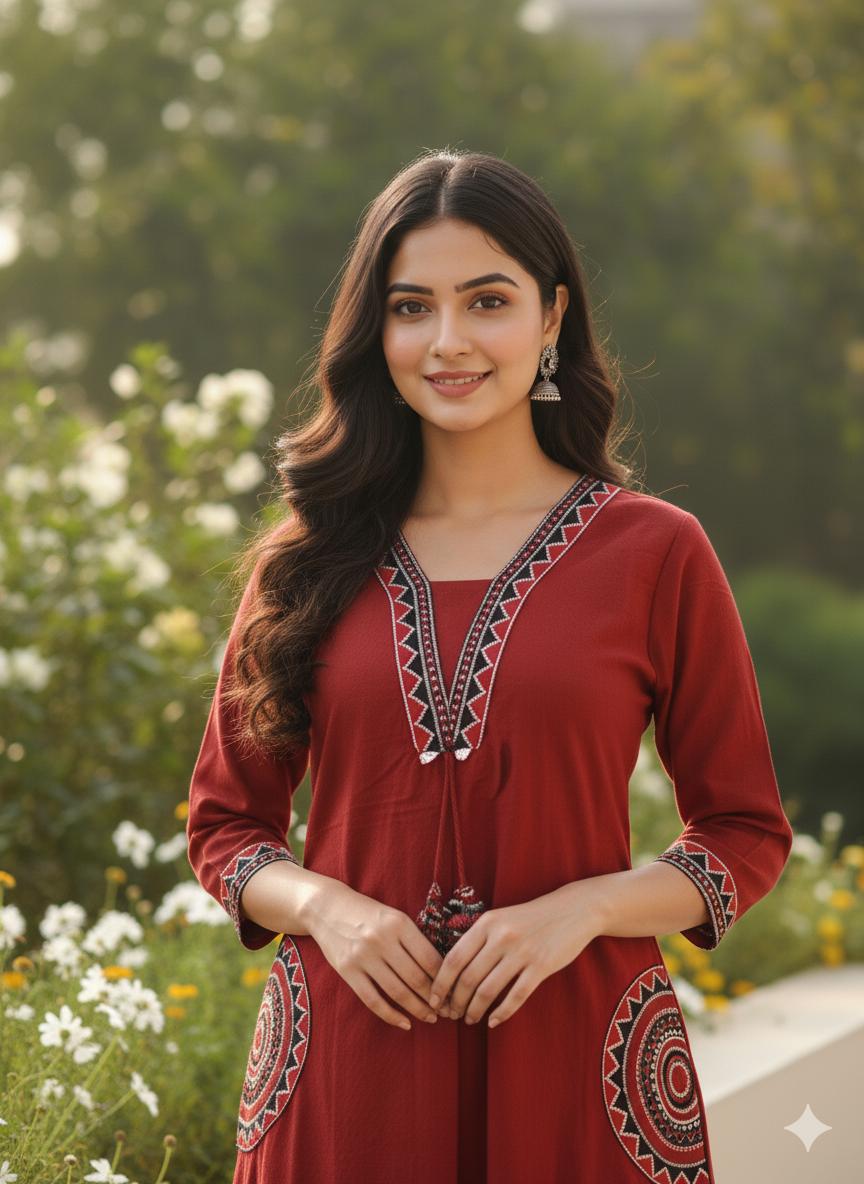 Cotton Flex Kurti with Plazo Set with Embroidery Work