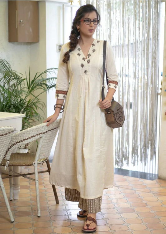 Cotton Flex Off-White Kurta with Embroidered Yoke & Sleeves, Paired with Printed Pant