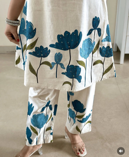 Cotton Flex Printed Kurta Set with Kantha Work & Trouser