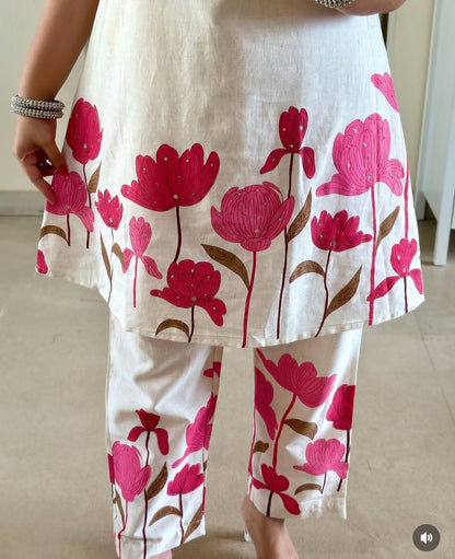 Cotton Flex Printed Kurta Set with Kantha Work & Trouser