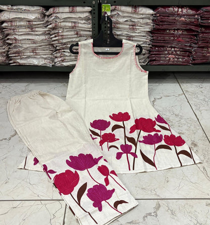 Cotton Flex Printed Kurta Set with Kantha Work & Trouser