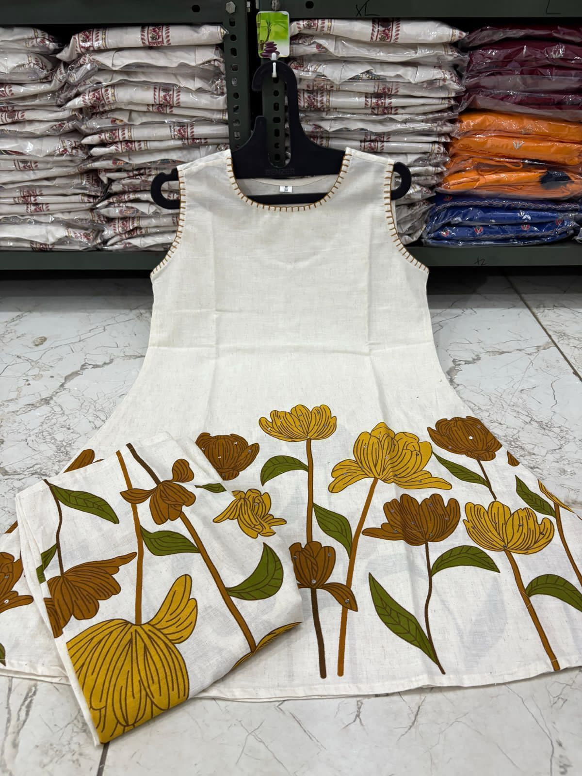 Cotton Flex Printed Kurta Set with Kantha Work & Trouser