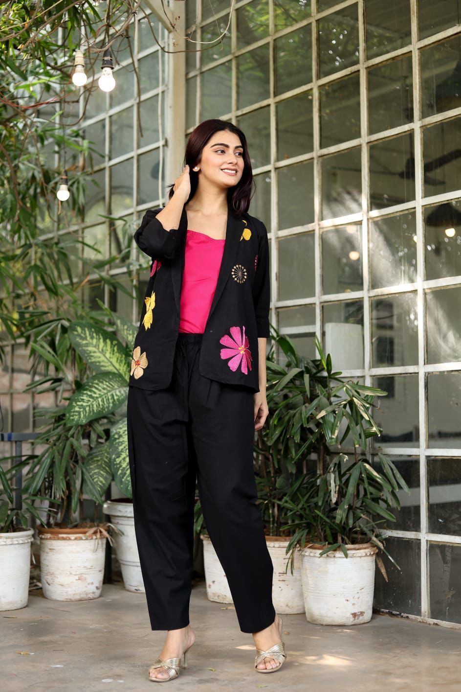 Cotton Flex Three-Piece Blazer Set with Embroidery