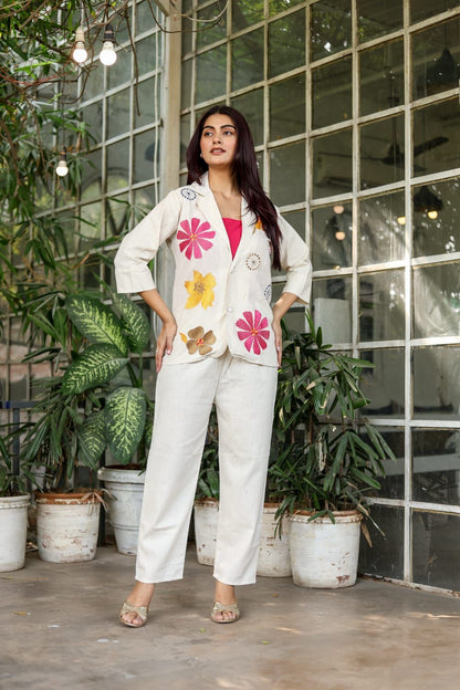Cotton Flex Three-Piece Blazer Set with Embroidery