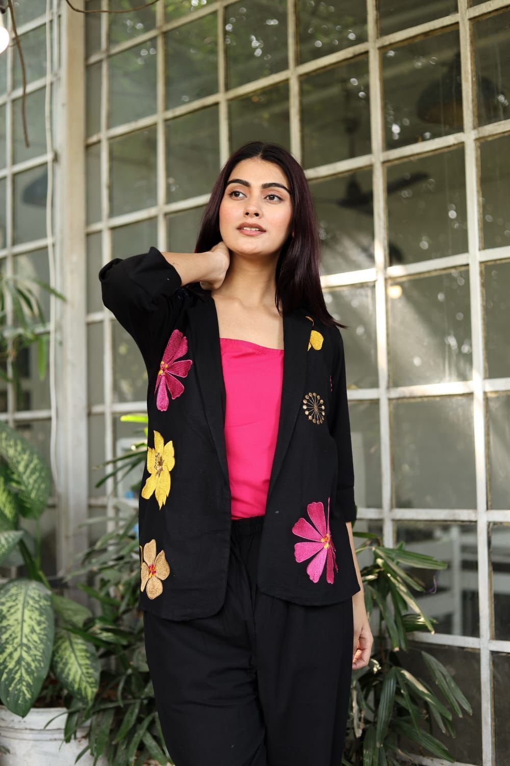 Cotton Flex Three-Piece Blazer Set with Embroidery