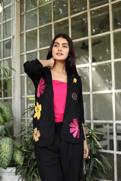 Cotton Flex Three-Piece Blazer Set with Embroidery