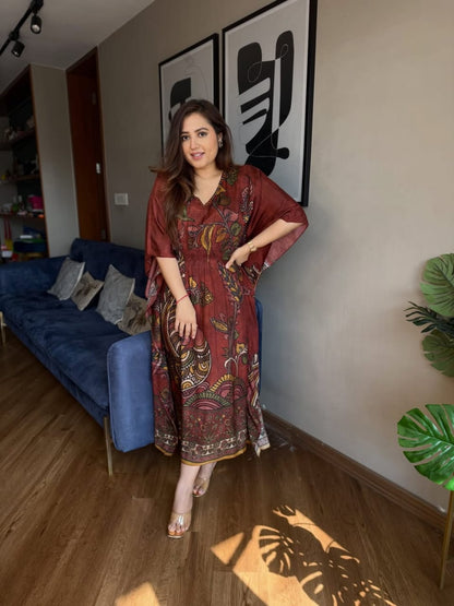 Mul Cotton Floral Kaftan with Kantha work on Neckline