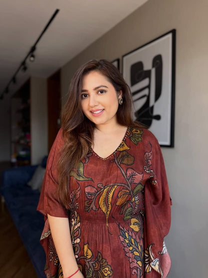 Mul Cotton Floral Kaftan with Kantha work on Neckline