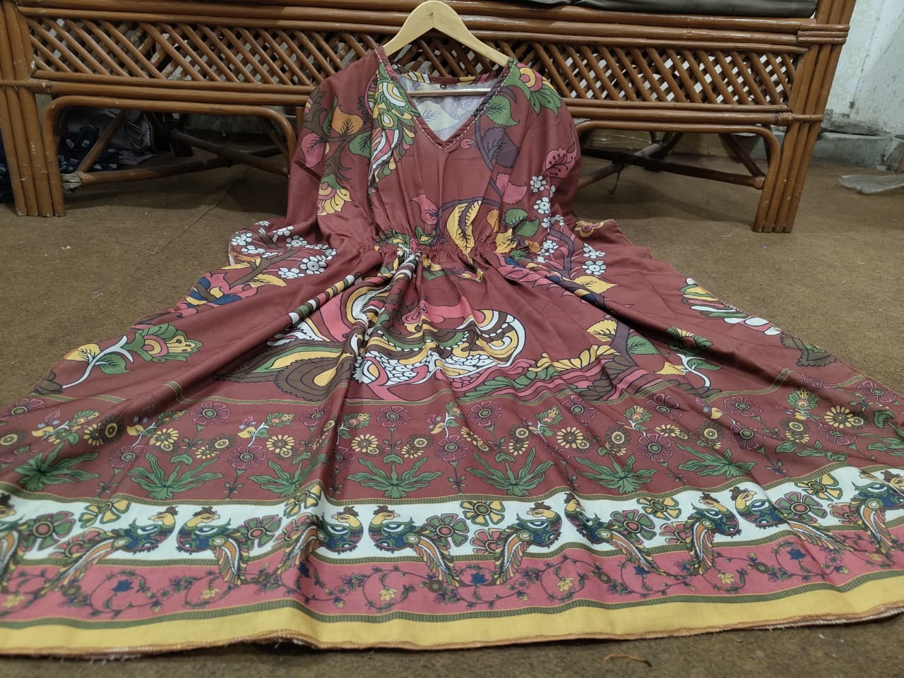 Mul Cotton Floral Kaftan with Kantha work on Neckline