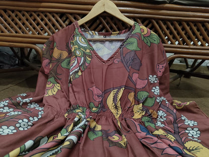 Mul Cotton Floral Kaftan with Kantha work on Neckline