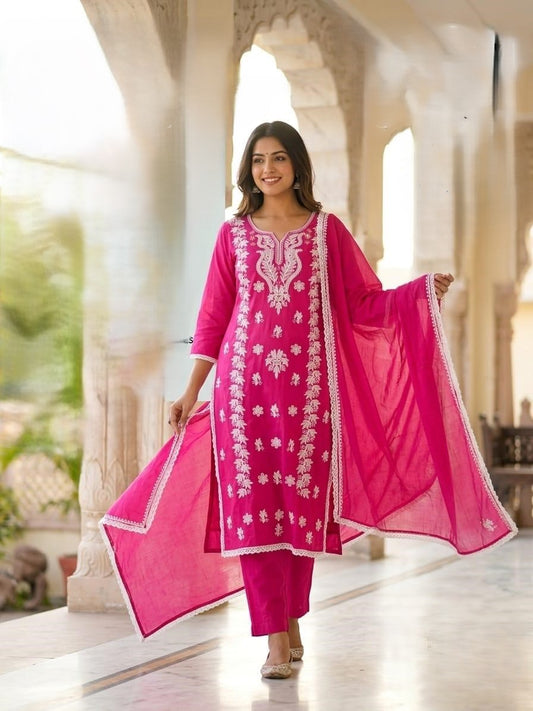 Cotton Kurta Pant Set with Mayani Dupatta & Embroidery Work