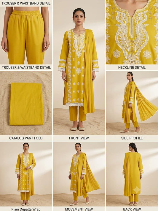 Cotton Kurta Pant Set with Mayani Dupatta & Embroidery Work