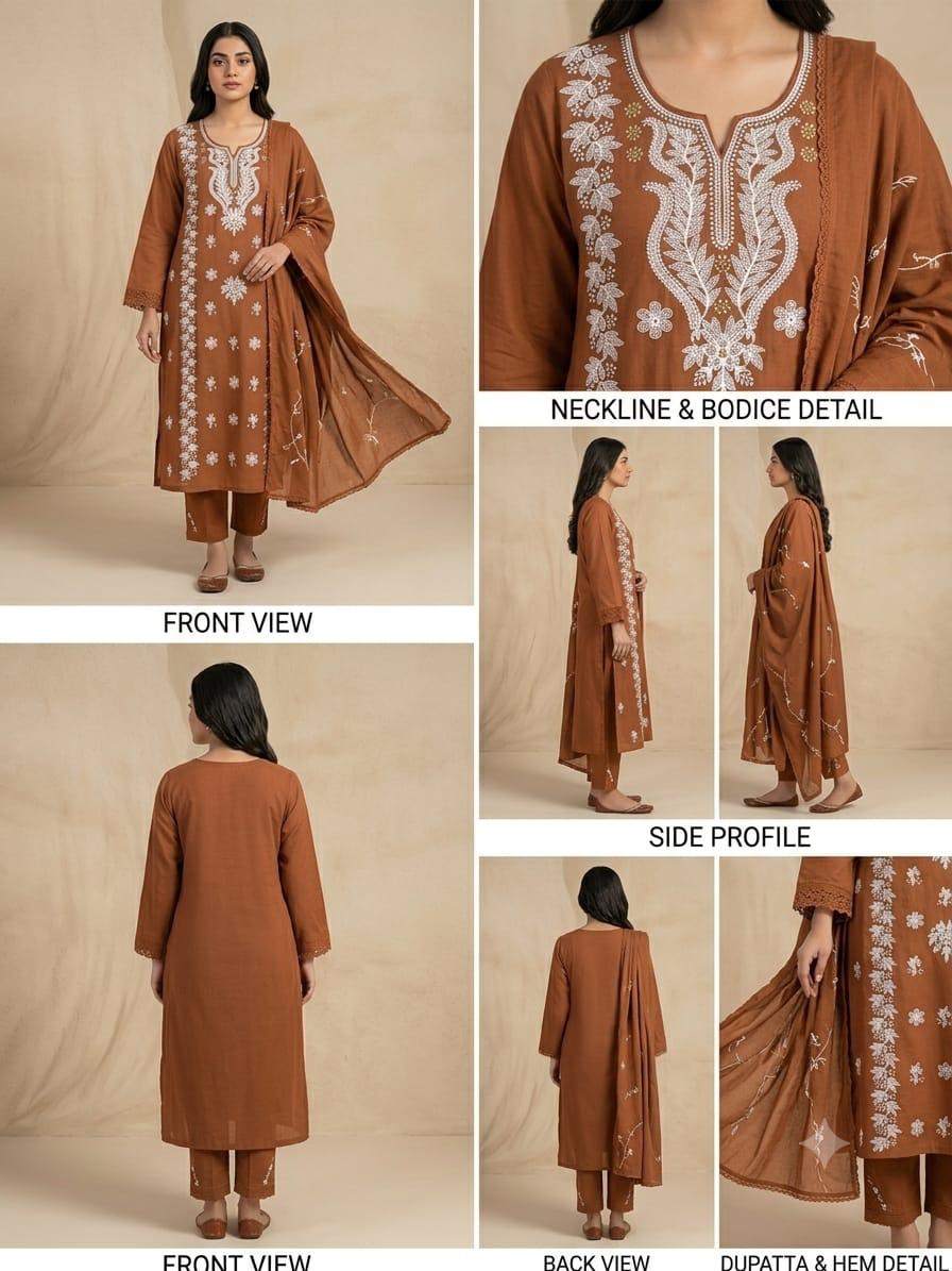 Cotton Kurta Pant Set with Mayani Dupatta & Embroidery Work