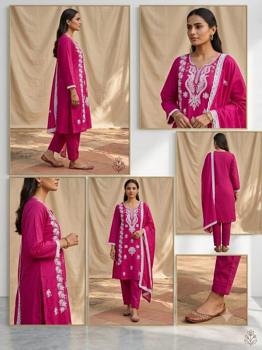 Cotton Kurta Pant Set with Mayani Dupatta & Embroidery Work