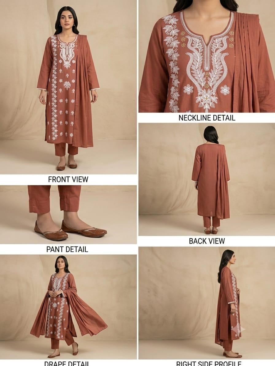 Cotton Kurta Pant Set with Mayani Dupatta & Embroidery Work
