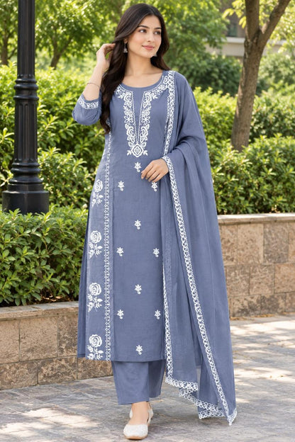 Cotton Kurti Pant Dupatta Set with Flowy Yoke Design
