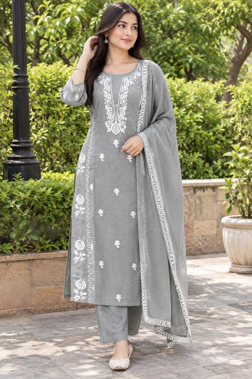 Cotton Kurti Pant Dupatta Set with Flowy Yoke Design