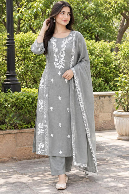 Cotton Kurti Pant Dupatta Set with Flowy Yoke Design