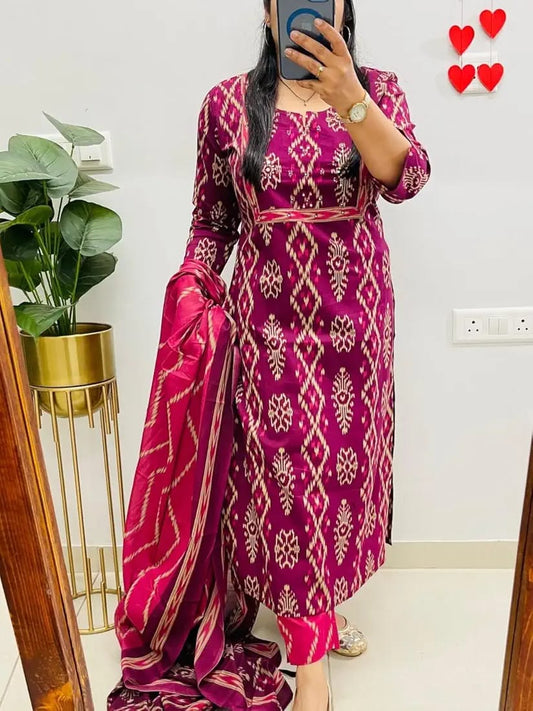 Cotton Kurti Pant Dupatta Set with Sequins Work on Yoke | 3-Piece Suit