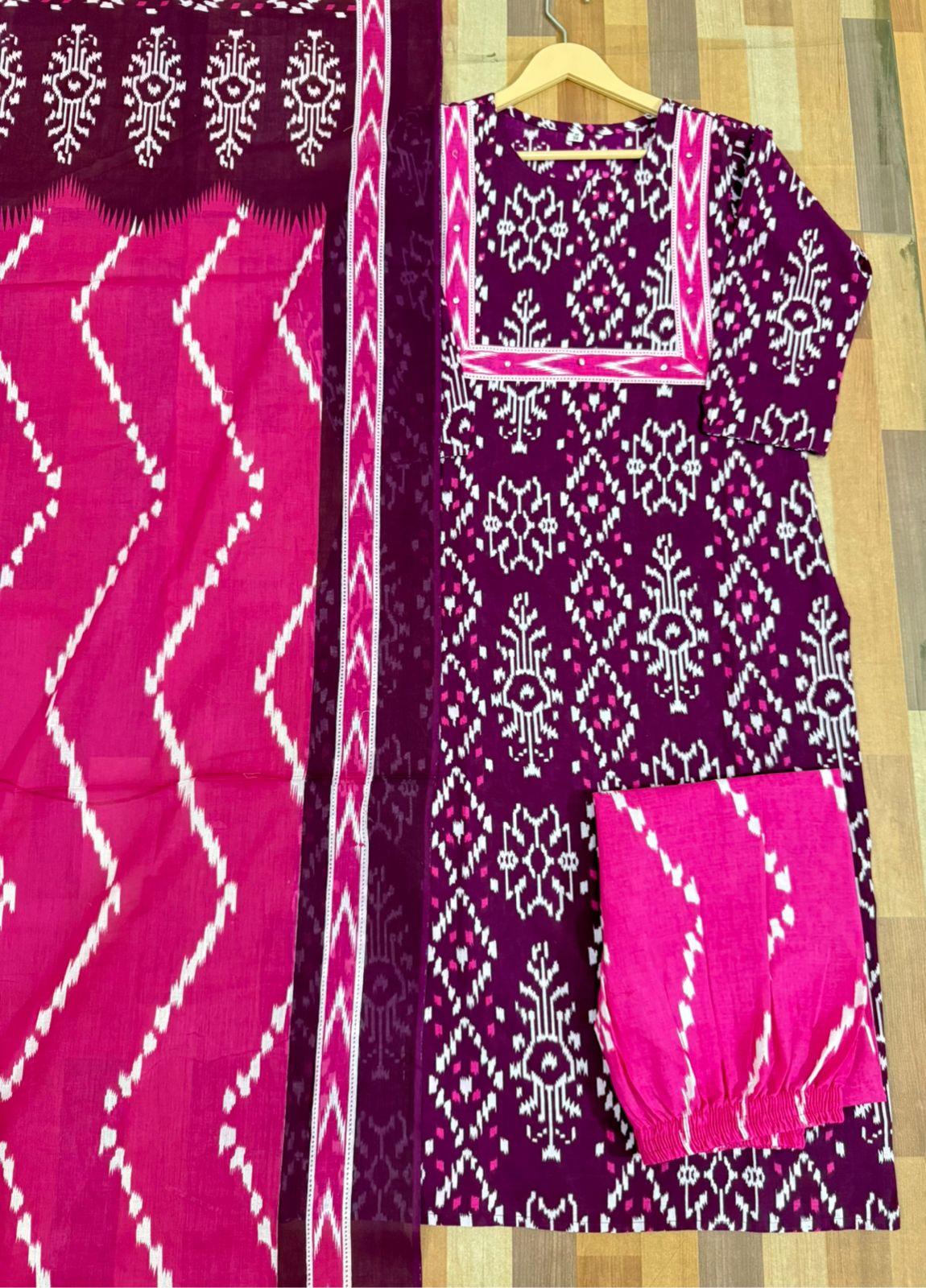 Cotton Kurti Pant Dupatta Set with Sequins Work on Yoke | 3-Piece Suit