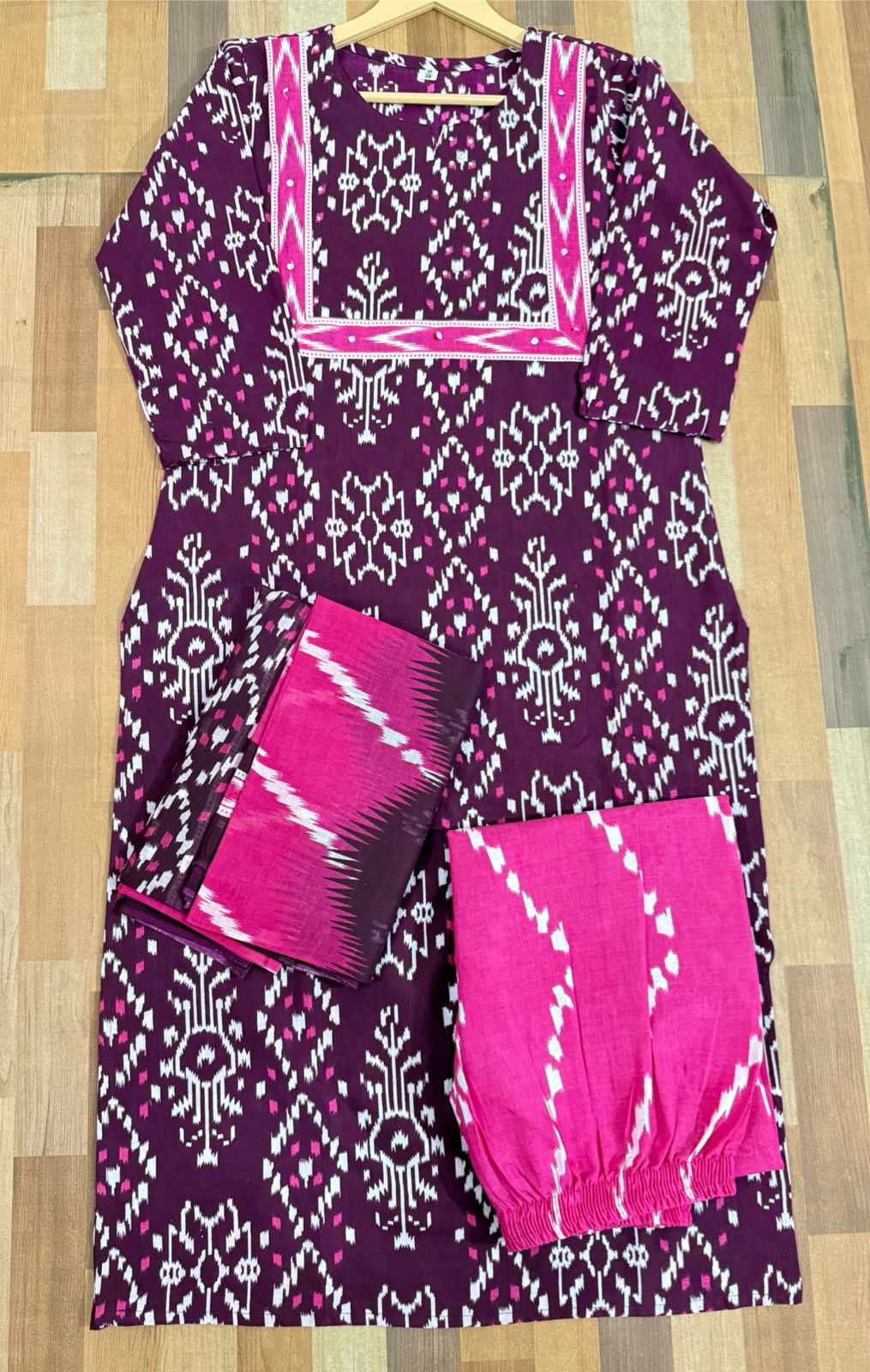 Cotton Kurti Pant Dupatta Set with Sequins Work on Yoke | 3-Piece Suit