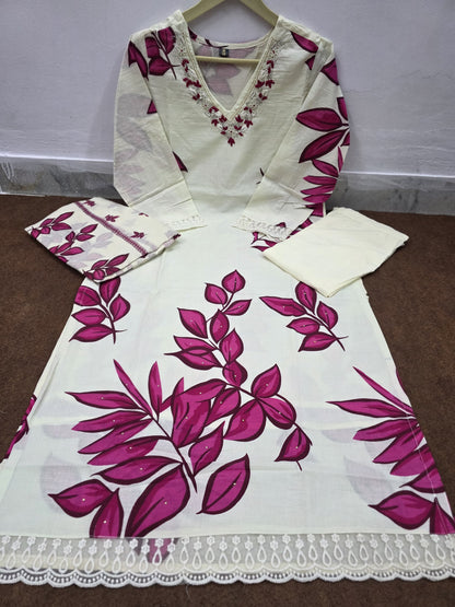 Cotton Kurti Pant Set with 100x100 Cotton Dupatta & V-Neck Work – Fully Stitched