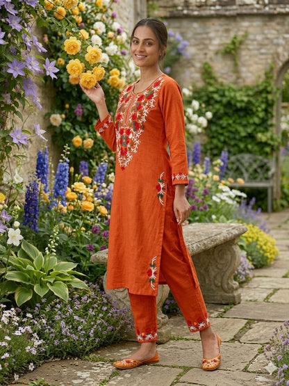 Cotton Kurti Pant Set with Aari Embroidery Work