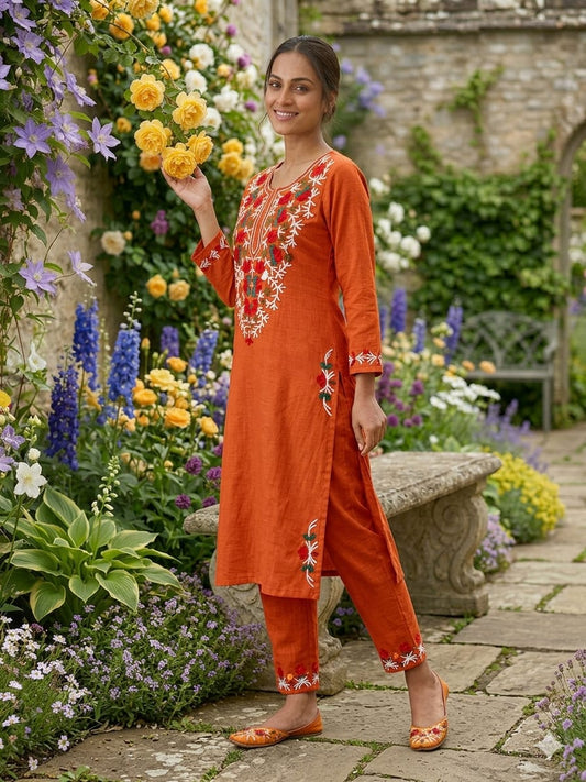Cotton Kurti Pant Set with Aari Embroidery Work