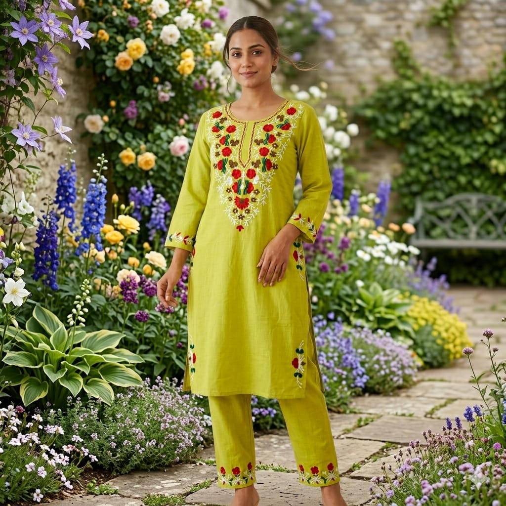 Cotton Kurti Pant Set with Aari Embroidery Work
